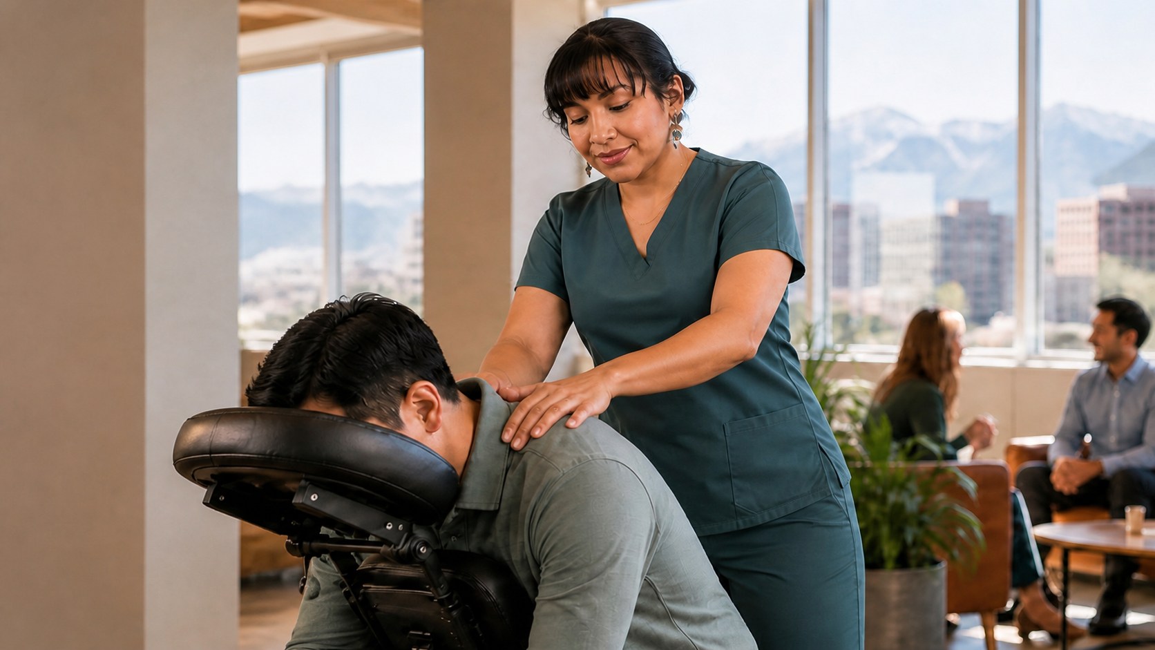 Jazmin providing seated chair massage during a corporate wellness visit.