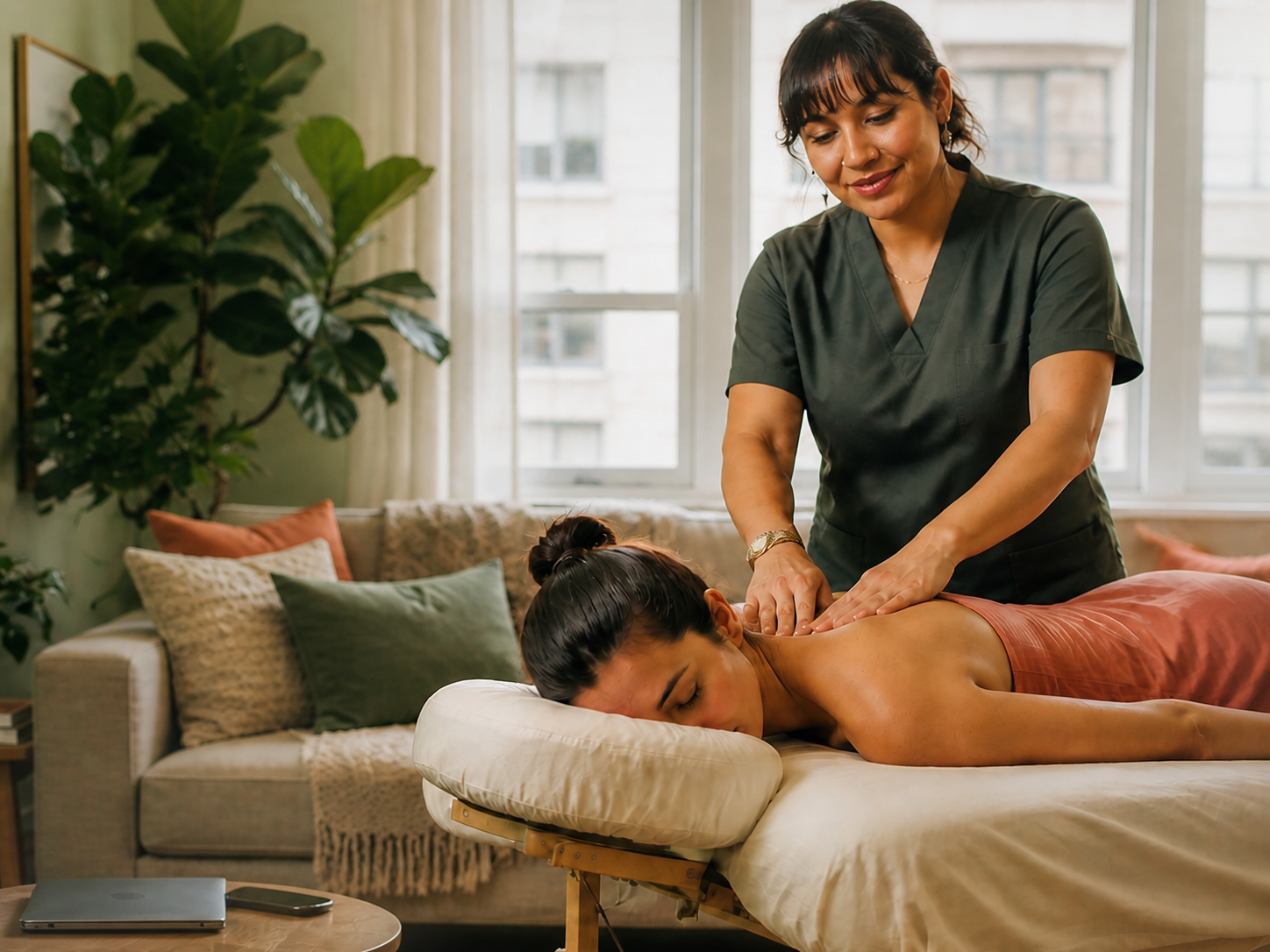 Jazmin providing an in-home massage treatment to a client.